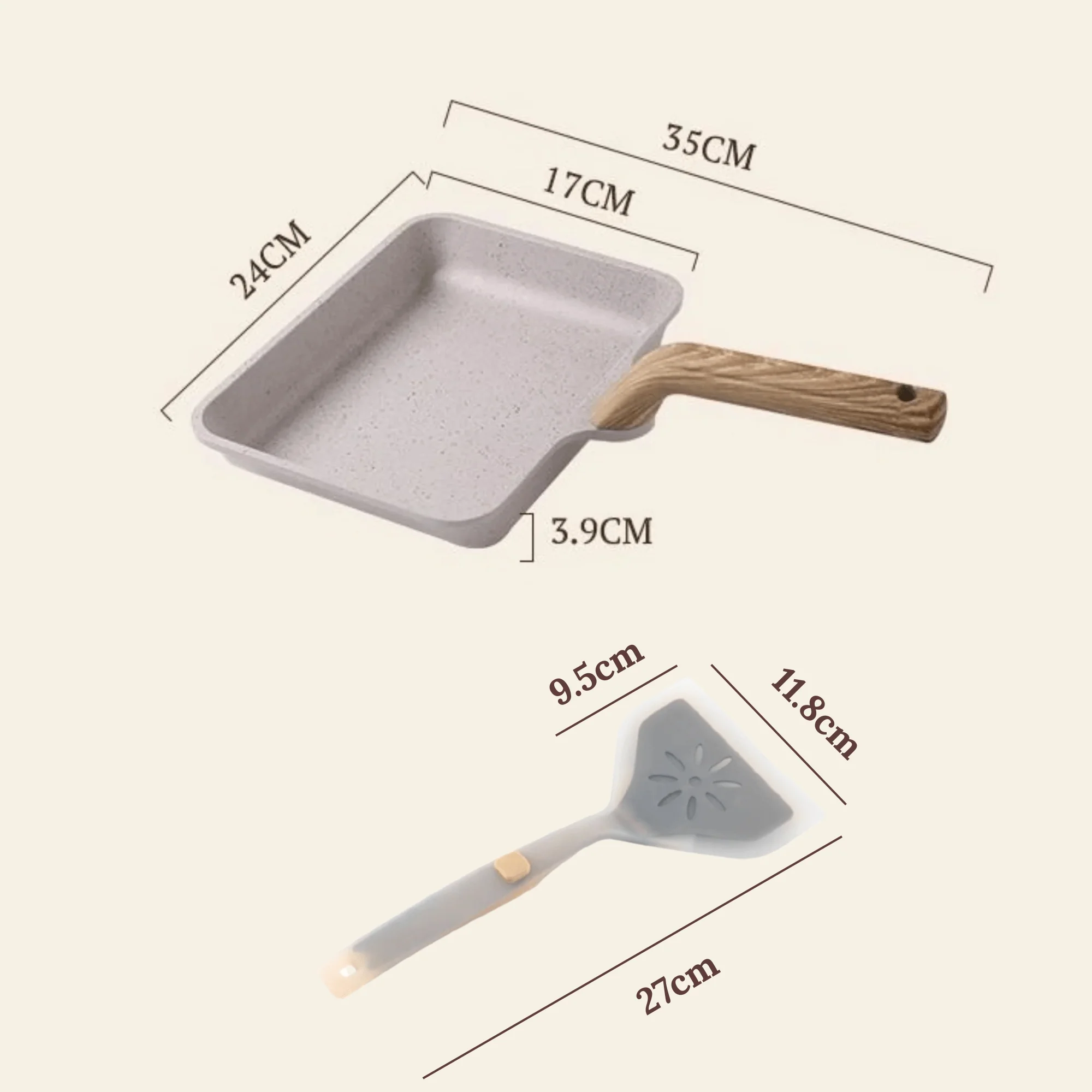 Premium Maifan Stone Non-Stick Breakfast Square Frying Pan With Spatula - Image 7