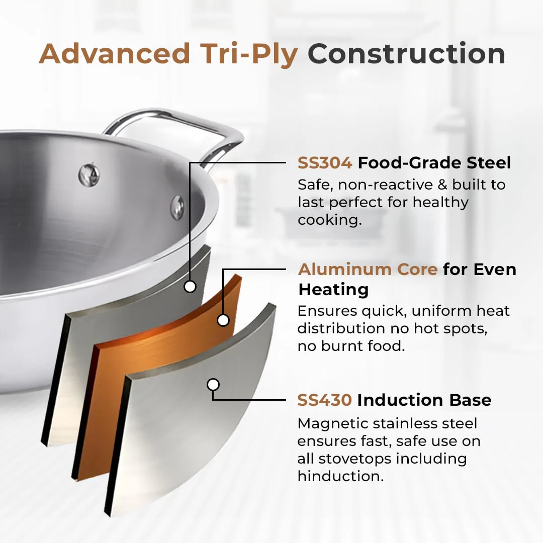 Premium Tri-Ply Stainless Steel Kadai With Lid(24cm) - Image 7