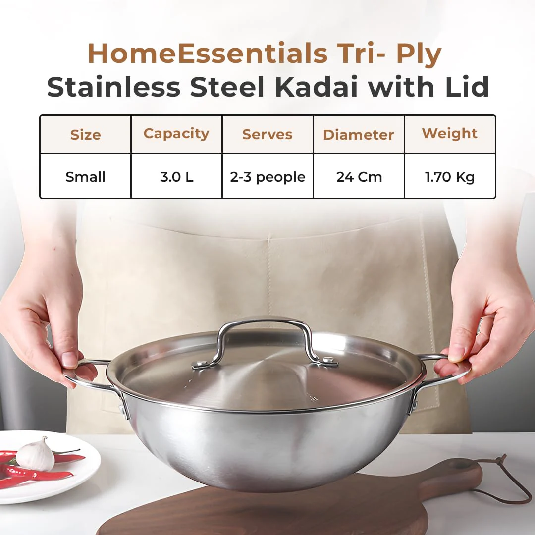 Premium Tri-Ply Stainless Steel Kadai With Lid(24cm) - Image 8