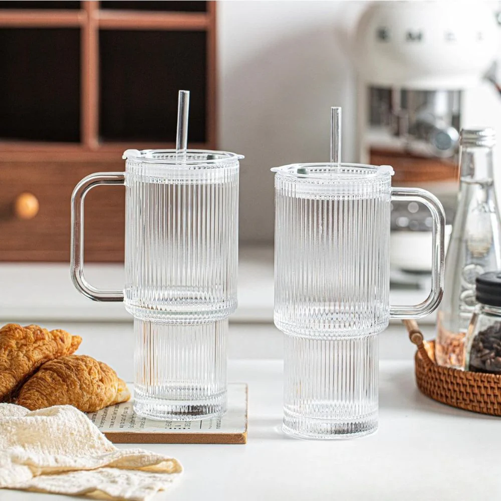 Ribbed Glass Tumbler Set with Handle & Straw(540ml)