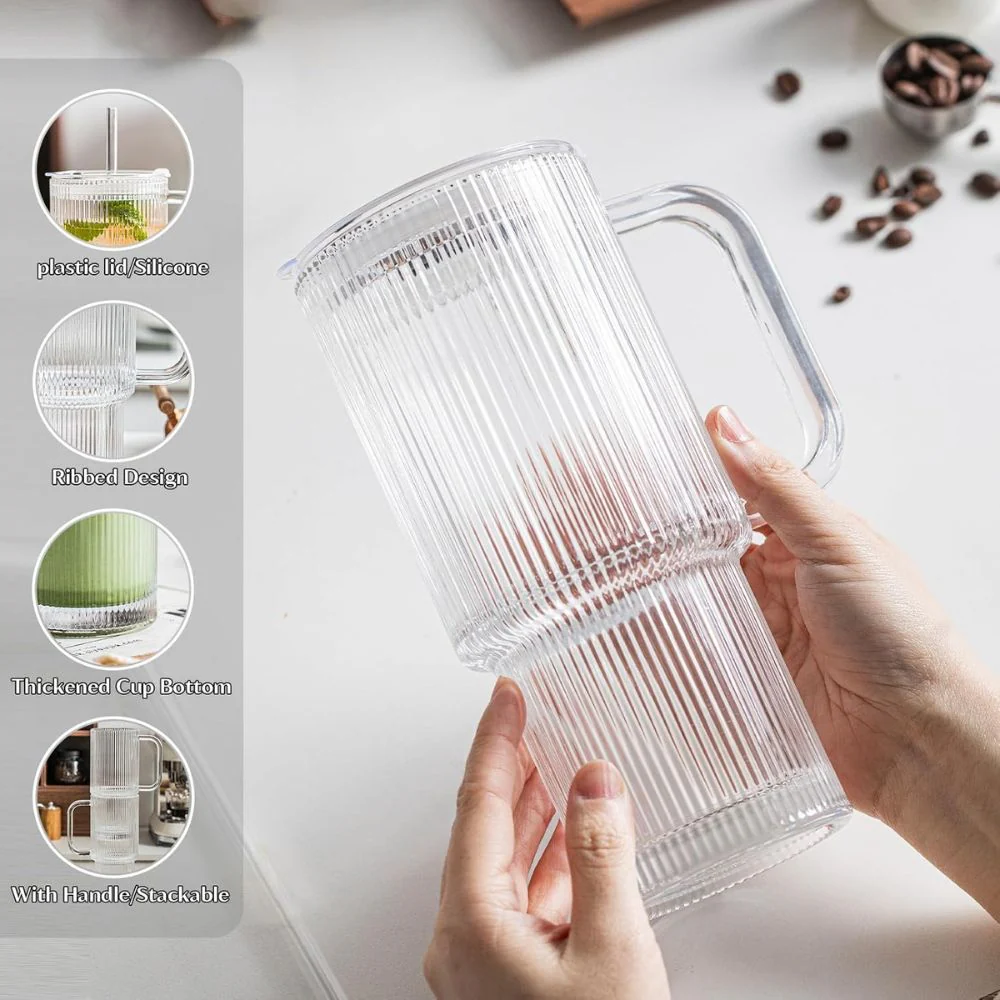 Ribbed Glass Tumbler Set with Handle & Straw(540ml) - Image 2