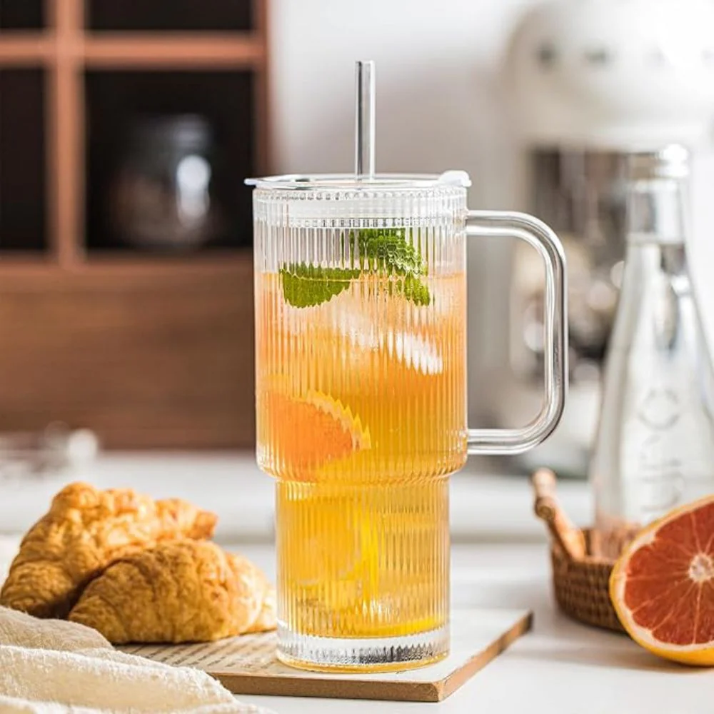 Ribbed Glass Tumbler Set with Handle & Straw(540ml) - Image 3