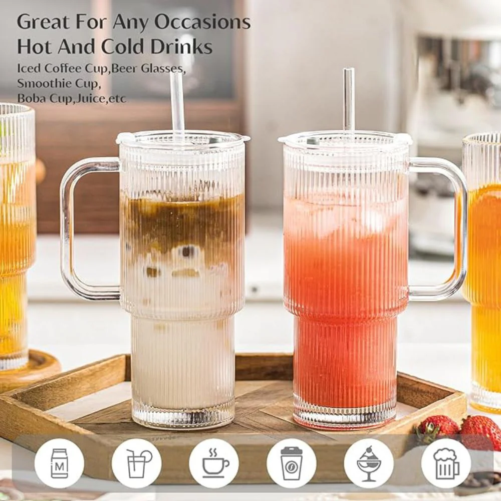 Ribbed Glass Tumbler Set with Handle & Straw(540ml) - Image 4