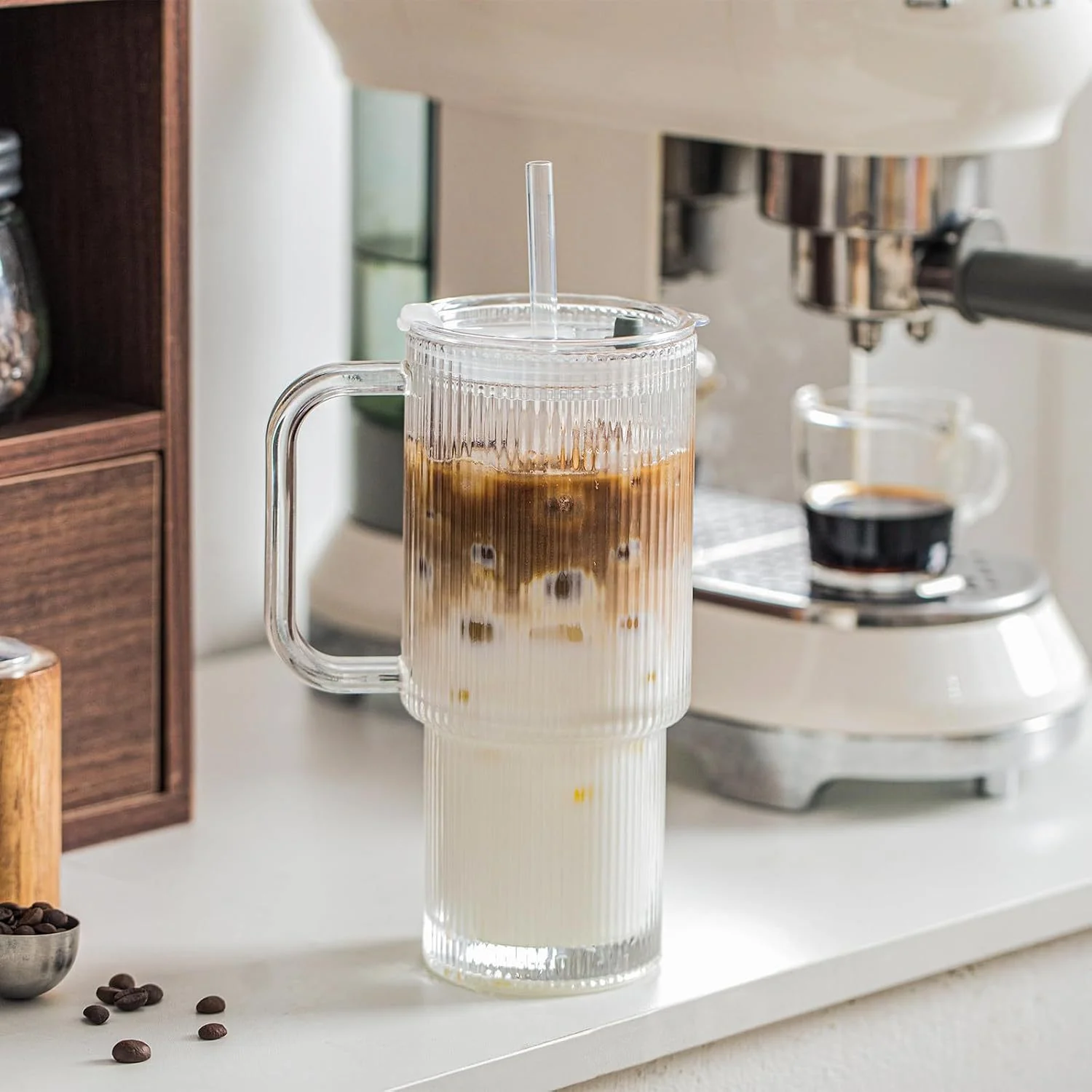 Ribbed Glass Tumbler Set with Handle & Straw(540ml) - Image 5
