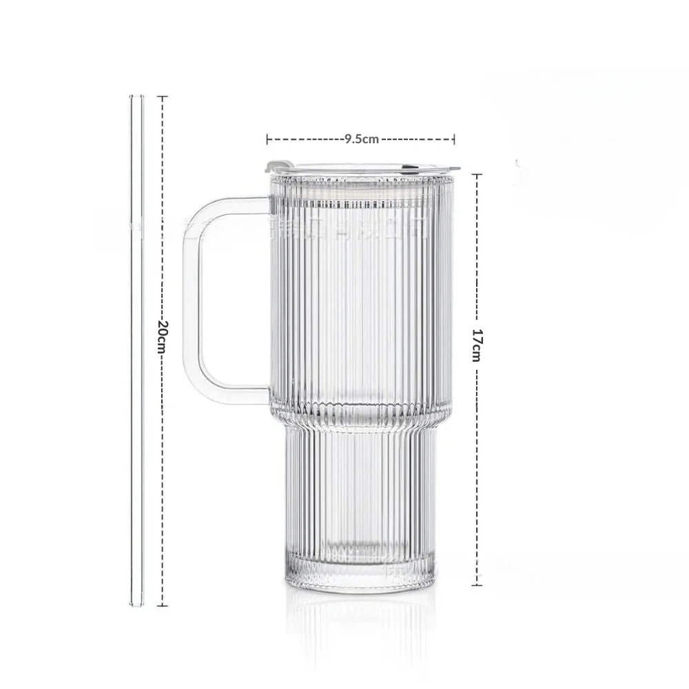 Ribbed Glass Tumbler Set with Handle & Straw(540ml) - Image 6