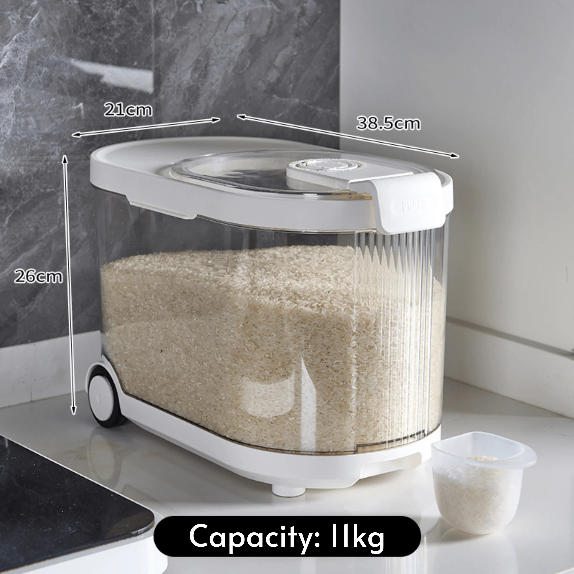 Sealed Rice Storage Container with Measuring Cup & Wheels - Image 9