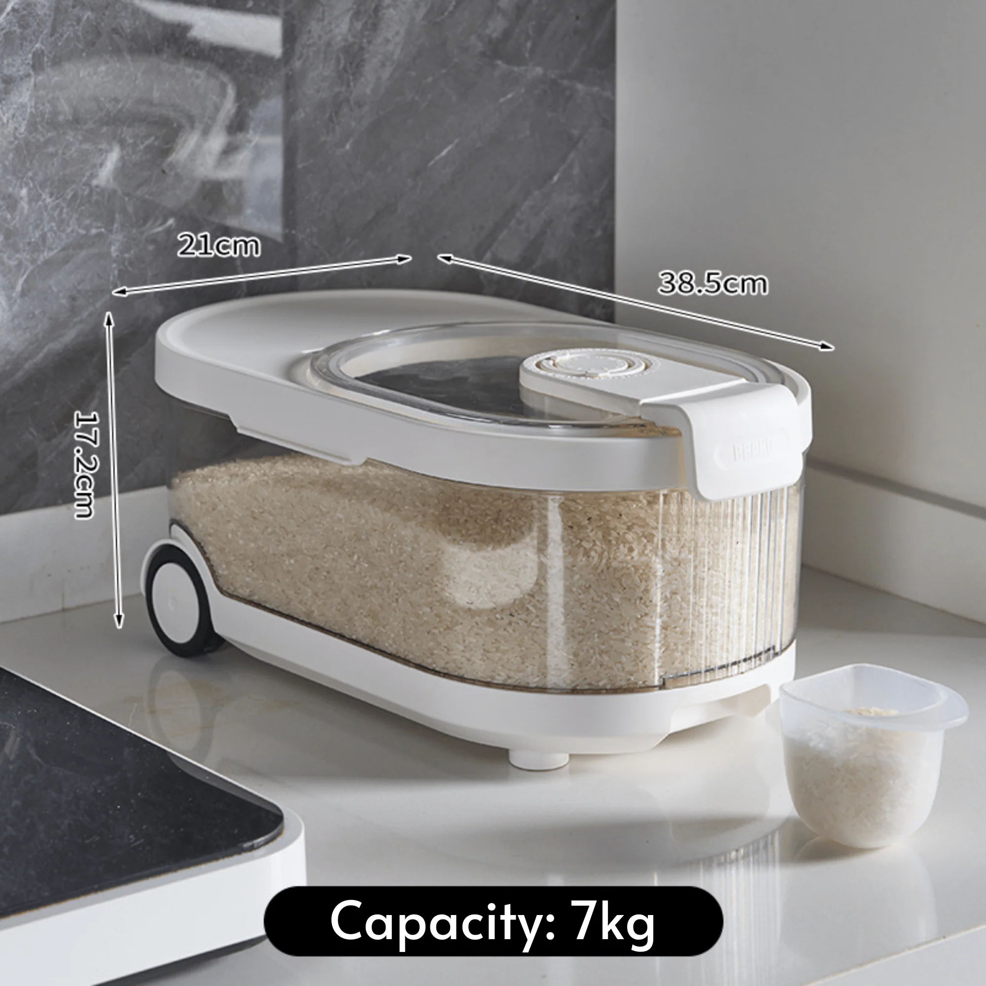 Sealed Rice Storage Container with Measuring Cup & Wheels - Image 8