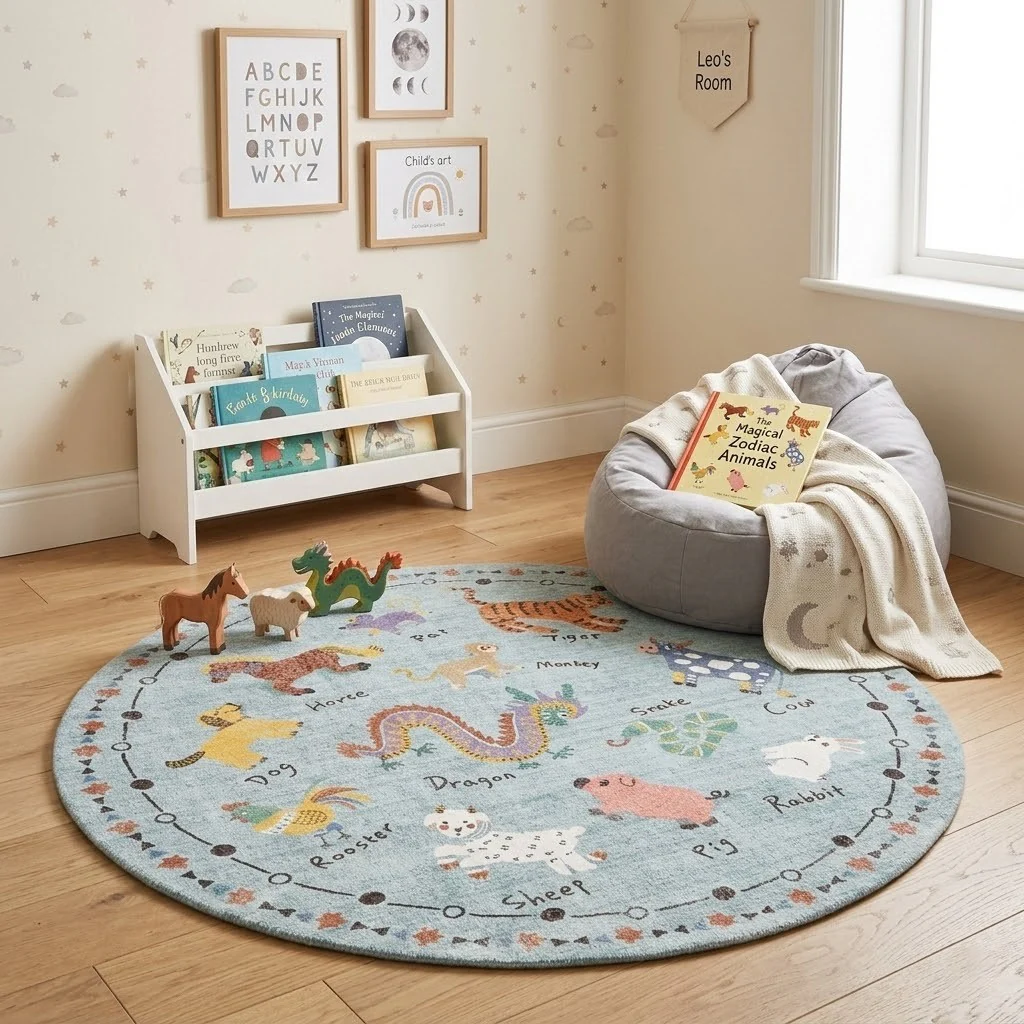 Soft Plush Round Bedside Rug with Zodiac Design For Kids - Image 3