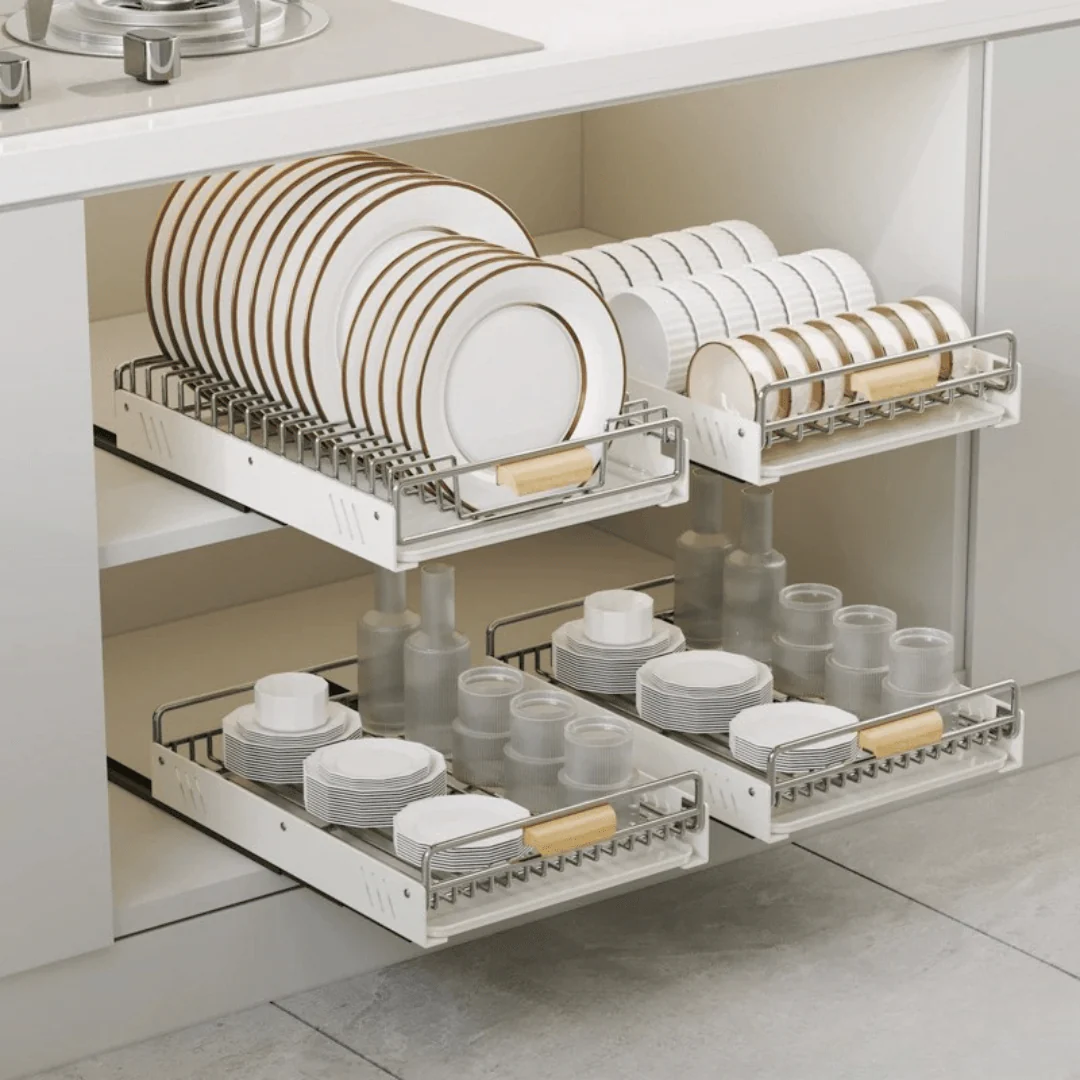 Space-Saving Stainless Steel Pull Out Dish & Bowl Rack with Drip Tray - Image 3