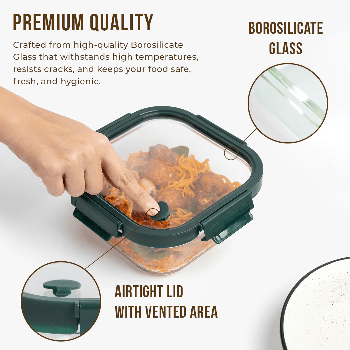 Square Borosilicate Glass Container with Vented Glass Lid (1100ML) - Image 2