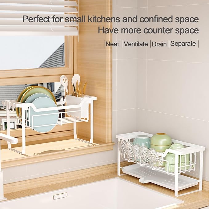 Stainless Steel 2-Tier Space-Saver Dish Rack with Drainboard (43cm) - Image 2