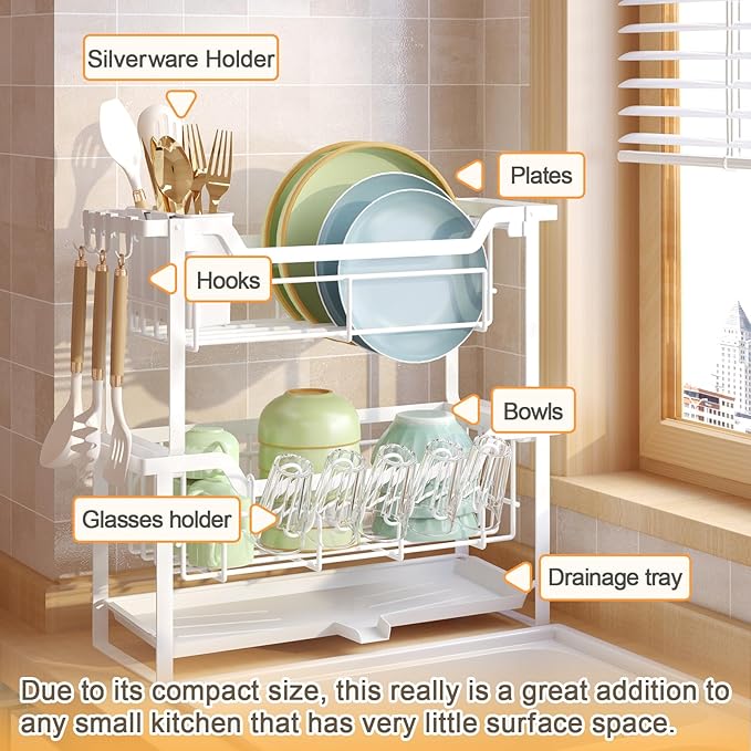 Stainless Steel 2-Tier Space-Saver Dish Rack with Drainboard (43cm) - Image 3