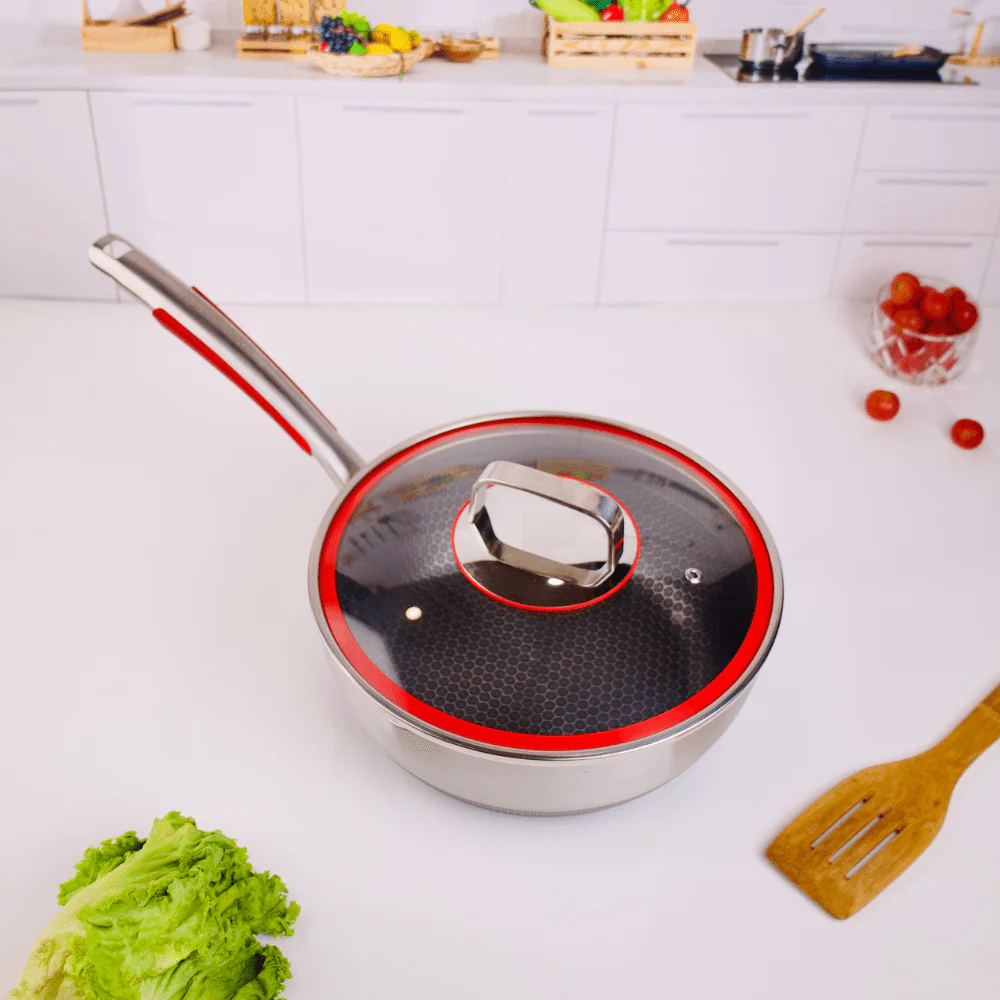 Stainless Steel Multifunctional Honeycomb Deep Frying Pan with Lid(24cm) - Image 2