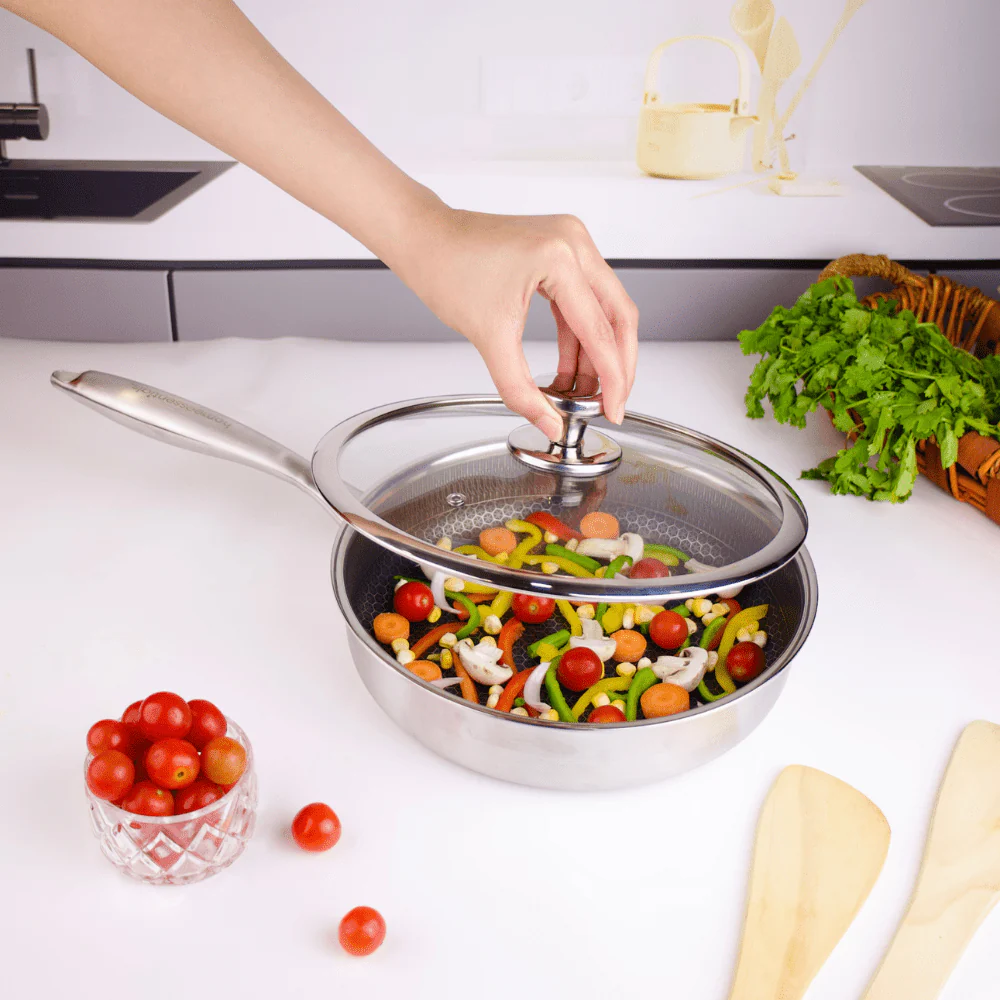 Multi-Purpose Stainless Steel Non-Stick Honeycomb Frying Pan With Lid(24cm) - Image 2