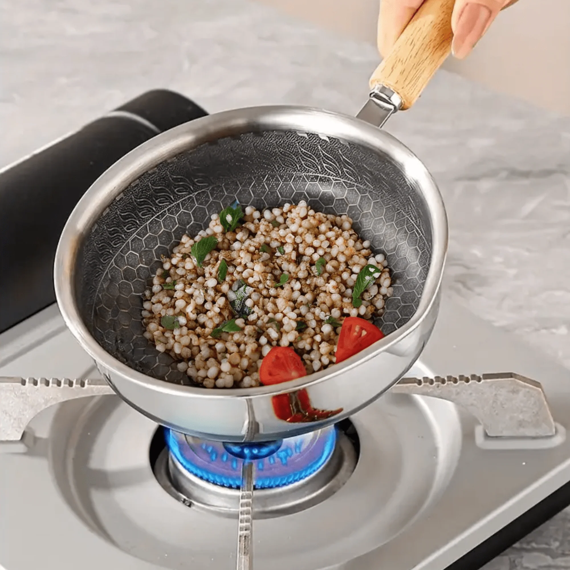 Stainless Steel Nonstick Mini Frying Pan with Wooden Handle (13cm) - Image 3