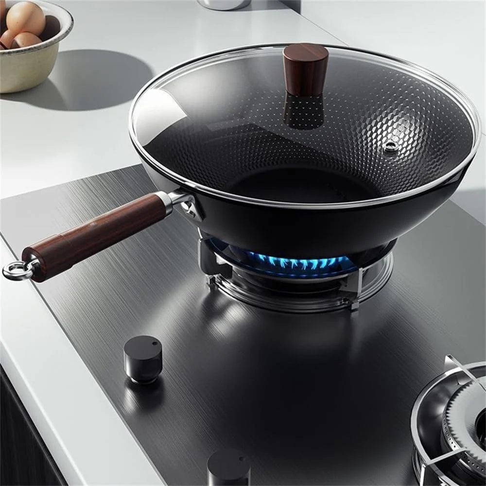 Traditional Uncoated Iron Wok with Wooden Handle & Glass Lid (30cm)