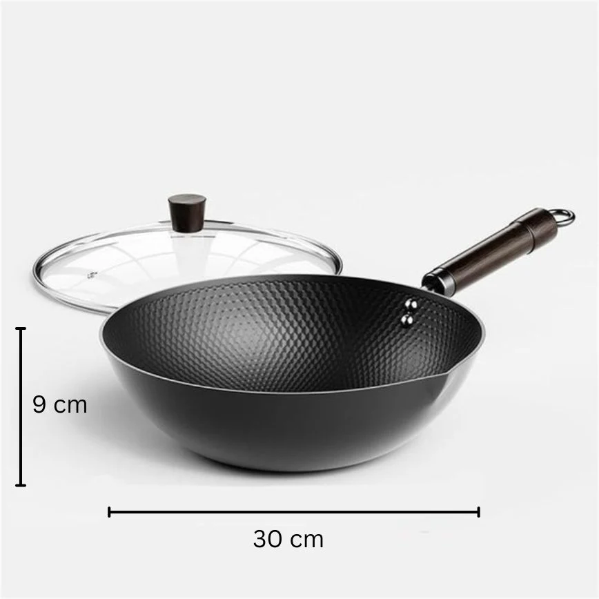 Traditional Uncoated Iron Wok with Wooden Handle & Glass Lid (30cm) - Image 10