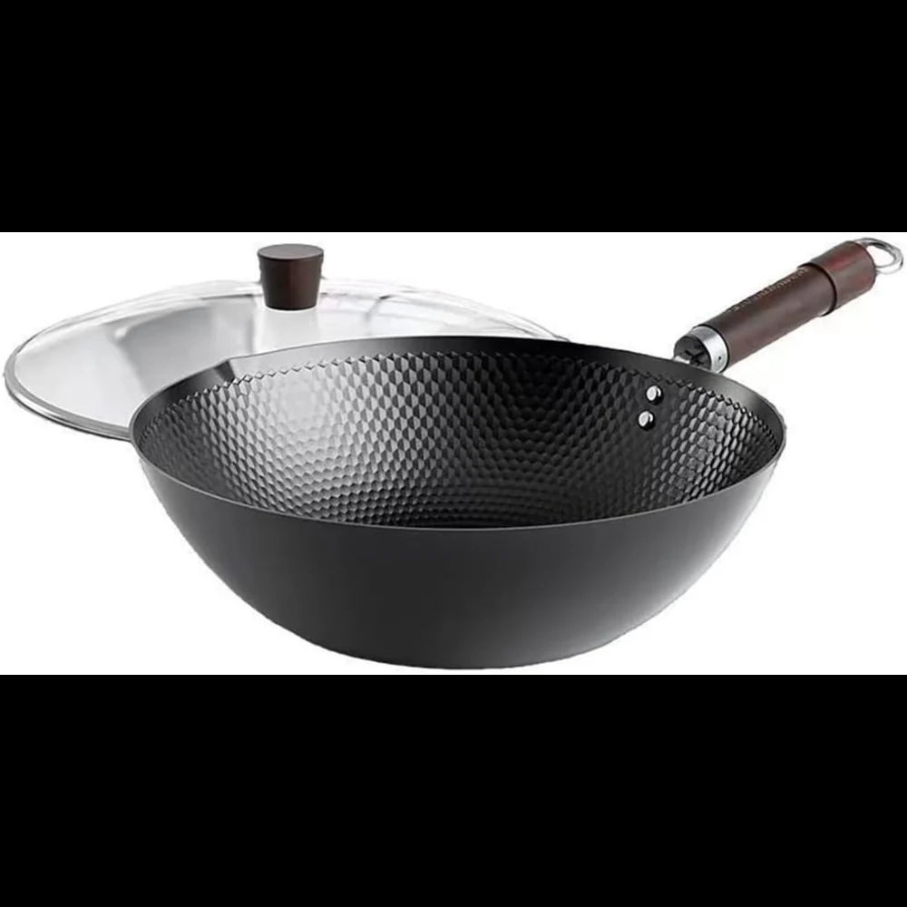 Traditional Uncoated Iron Wok with Wooden Handle & Glass Lid (30cm) - Image 4
