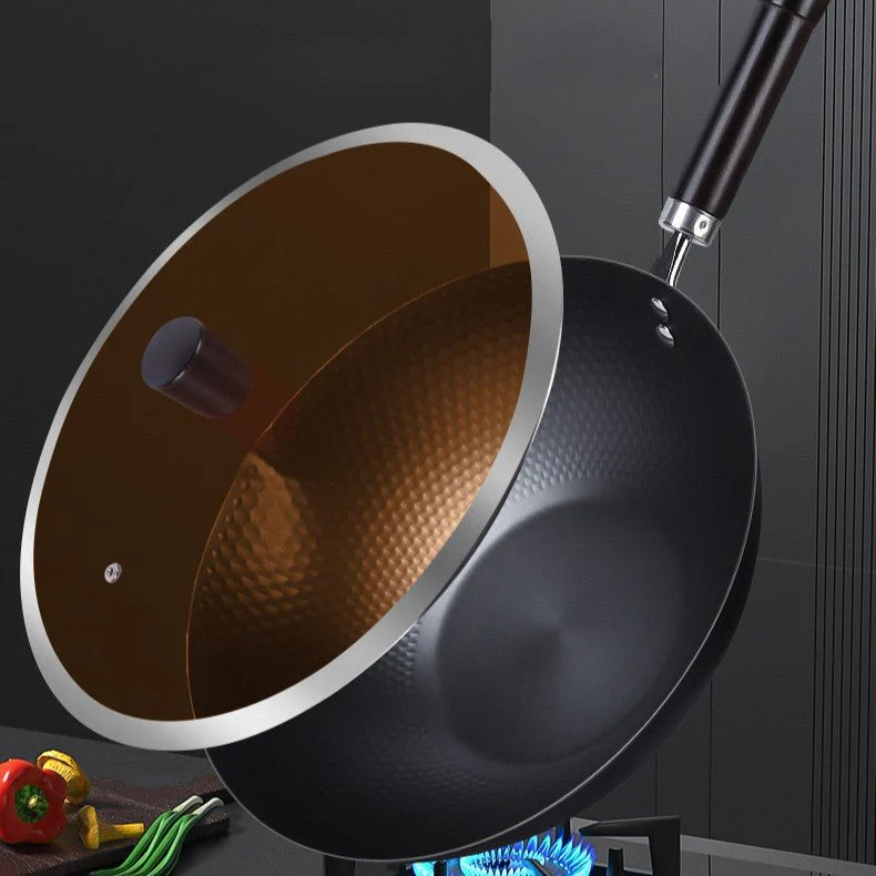 Traditional Uncoated Iron Wok with Wooden Handle & Glass Lid (30cm) - Image 6