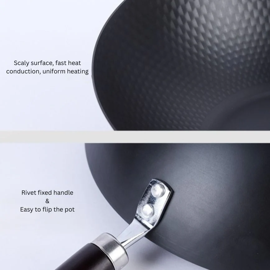 Traditional Uncoated Iron Wok with Wooden Handle & Glass Lid (30cm) - Image 8