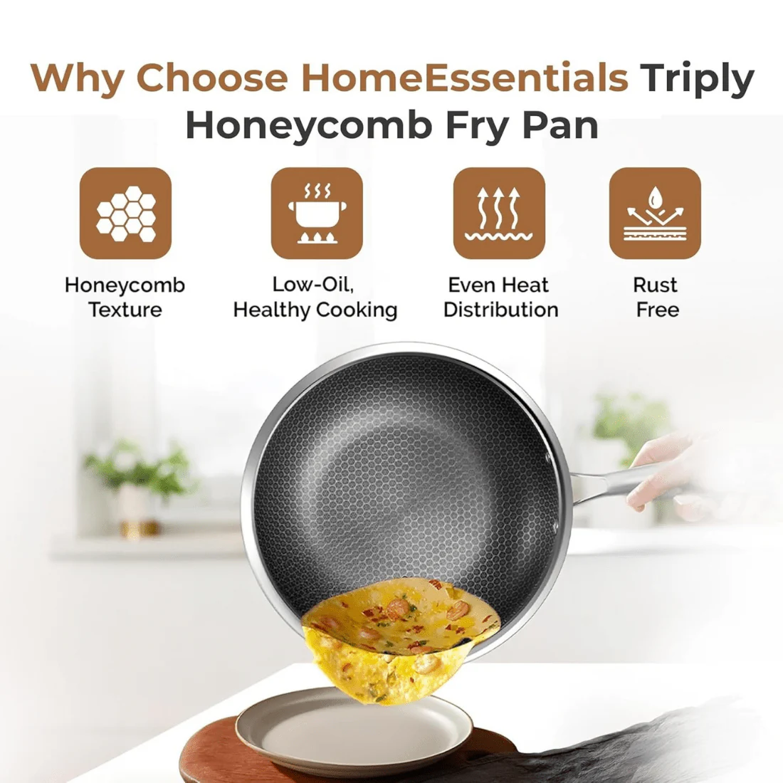 Tri-Ply Stainless Steel Honeycomb Fry Pan with Lid(26cm) - Image 6