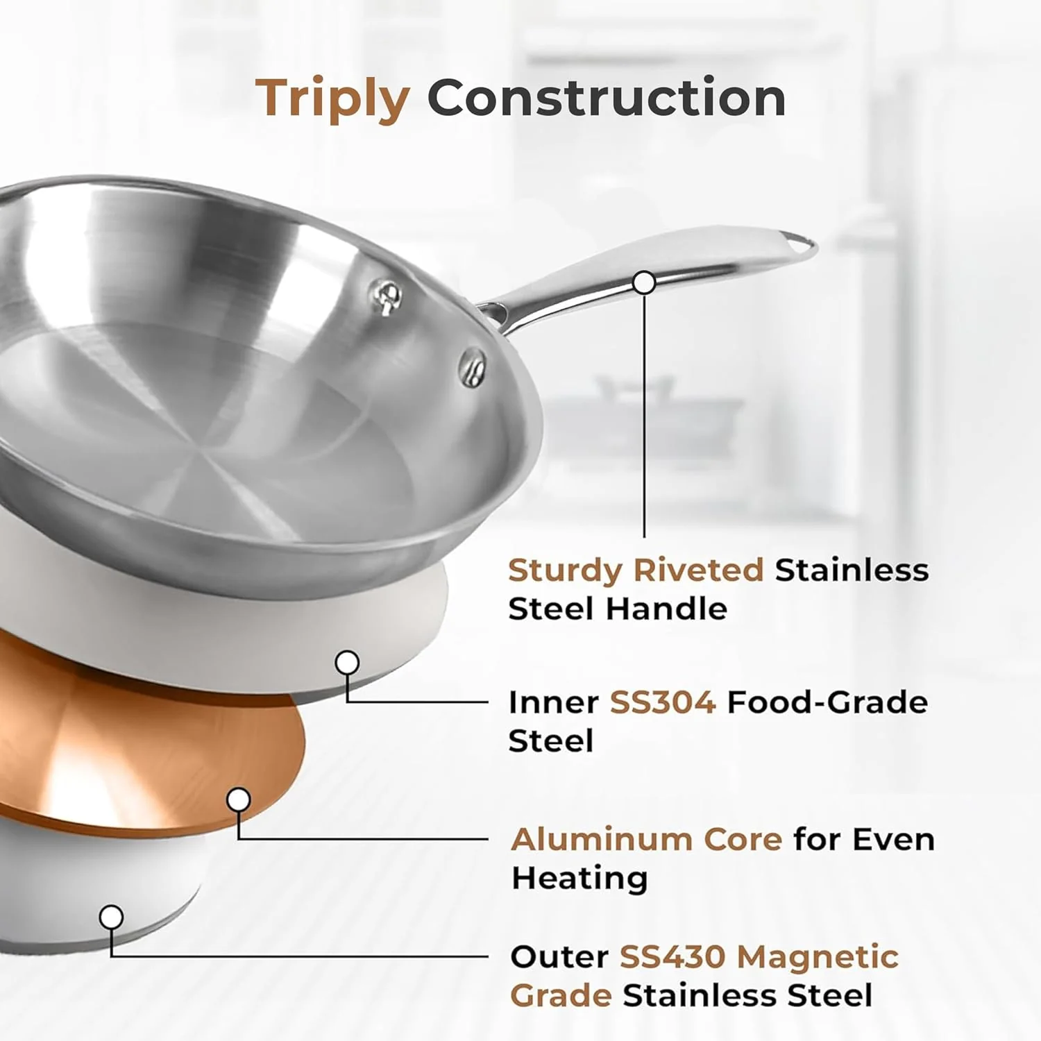 Versatile Tri-Ply Stainless Steel Fry Pan With Lid(24cm) - Image 2