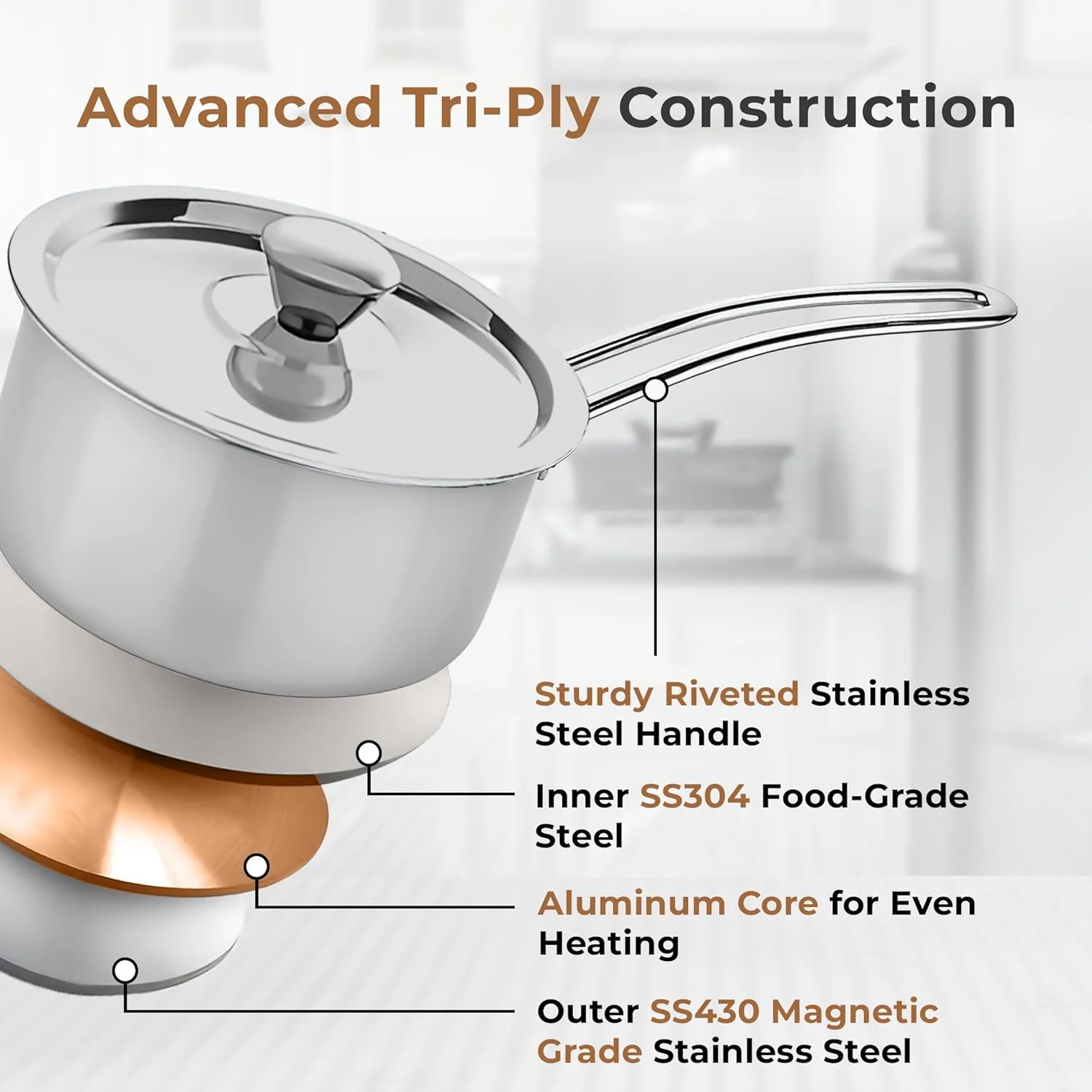 Versatile Tri-Ply Stainless Steel Saucepan with Lid(16cm) - Image 6