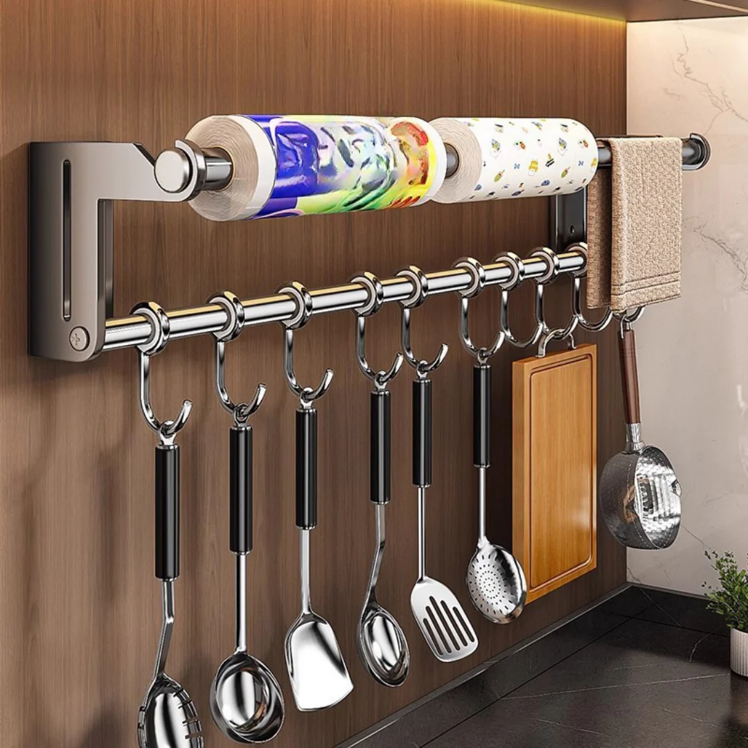 Wall-Mount Kitchen Organizer with Tissue Holder & Hooks