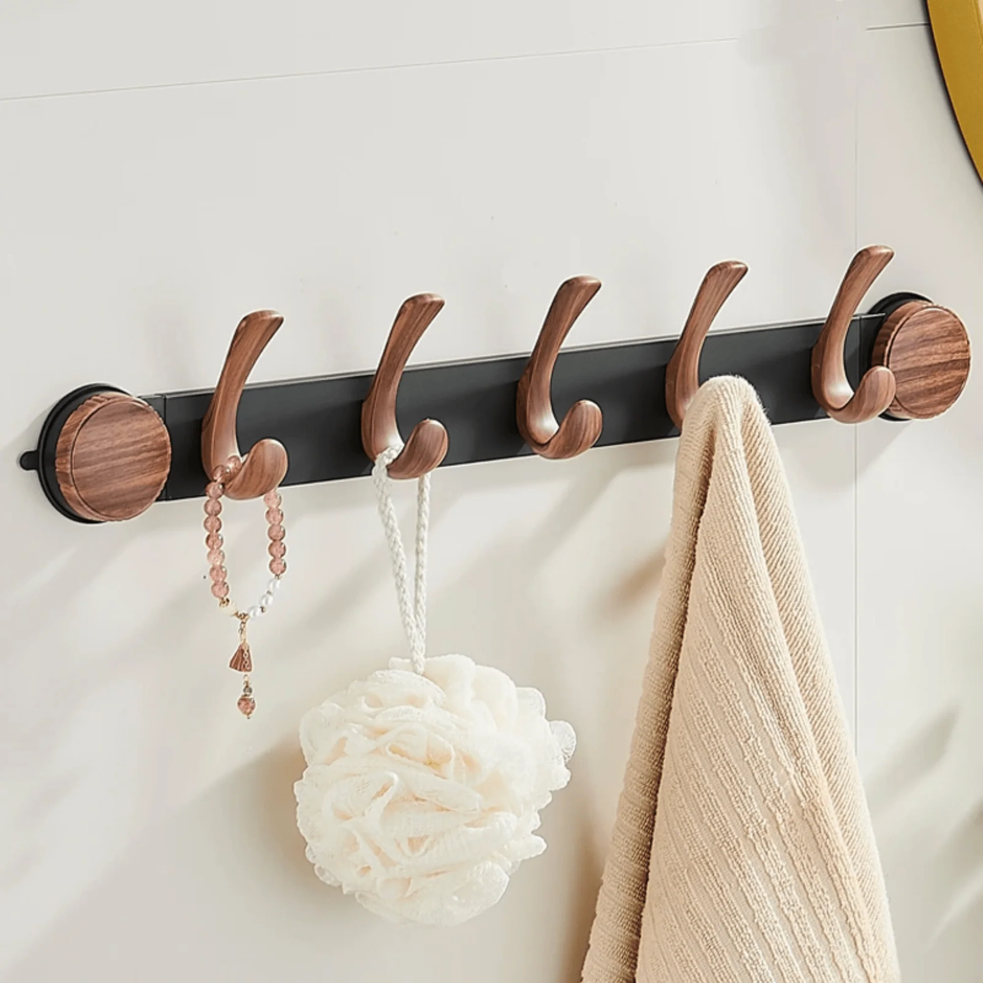 Wall-Mounted 5-Hook Rack with Vacuum Suction and Wood Finish - Image 2