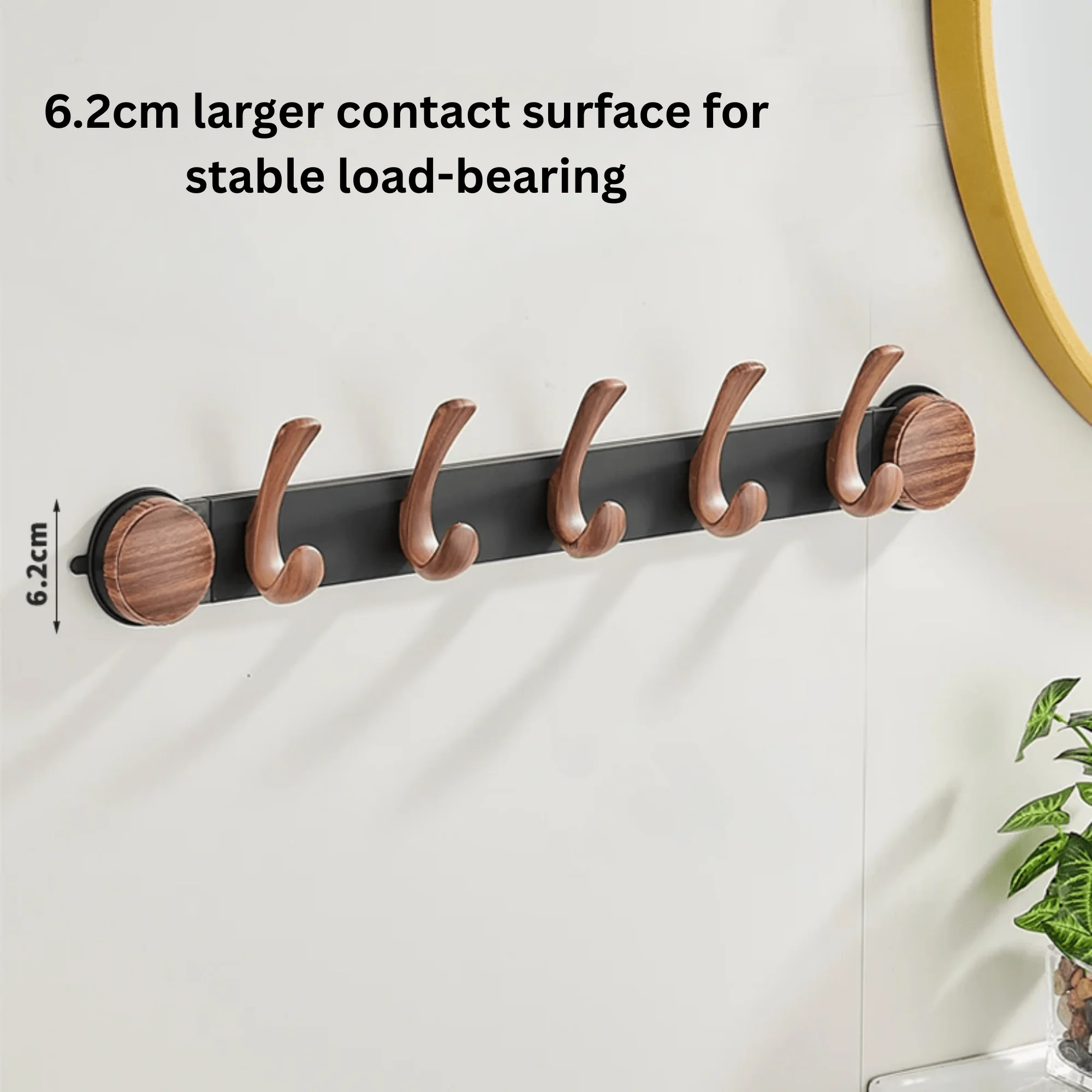 Wall-Mounted 5-Hook Rack with Vacuum Suction and Wood Finish - Image 3