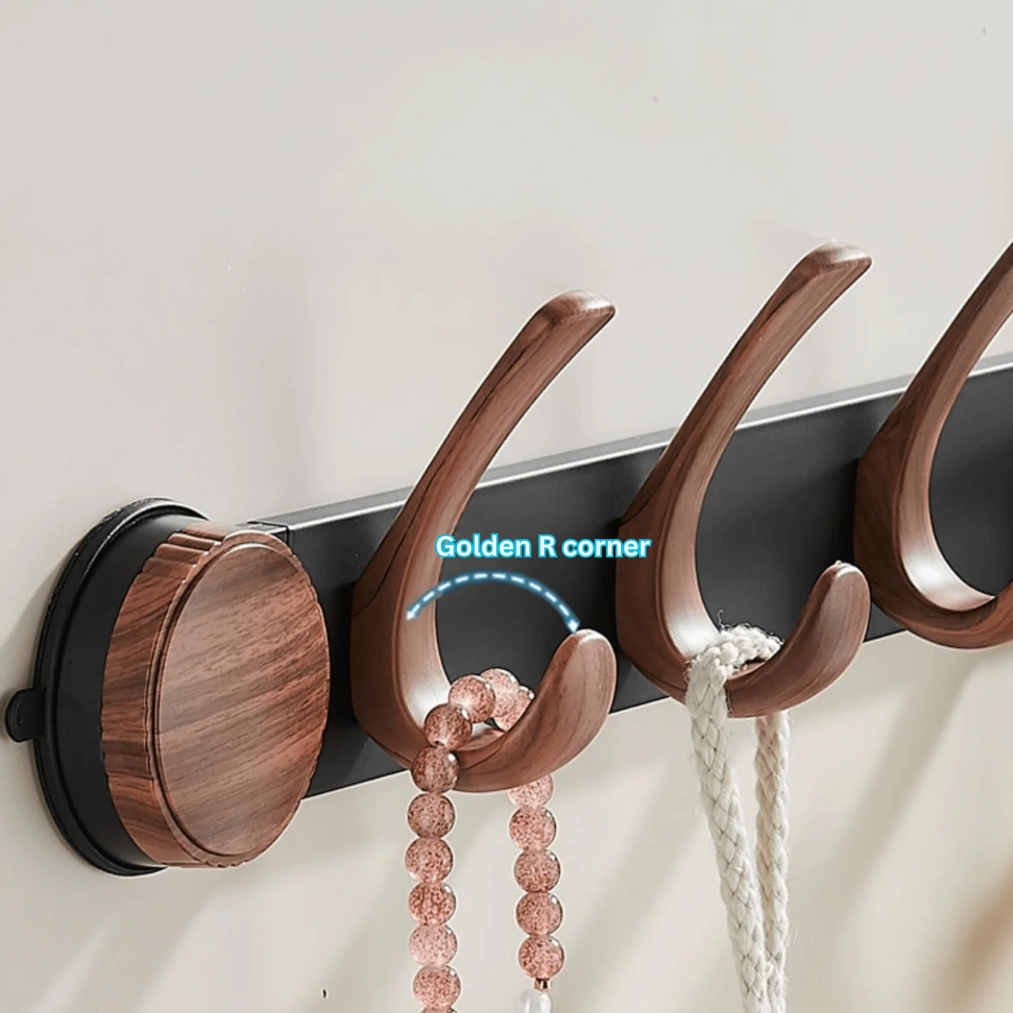 Wall-Mounted 5-Hook Rack with Vacuum Suction and Wood Finish - Image 5