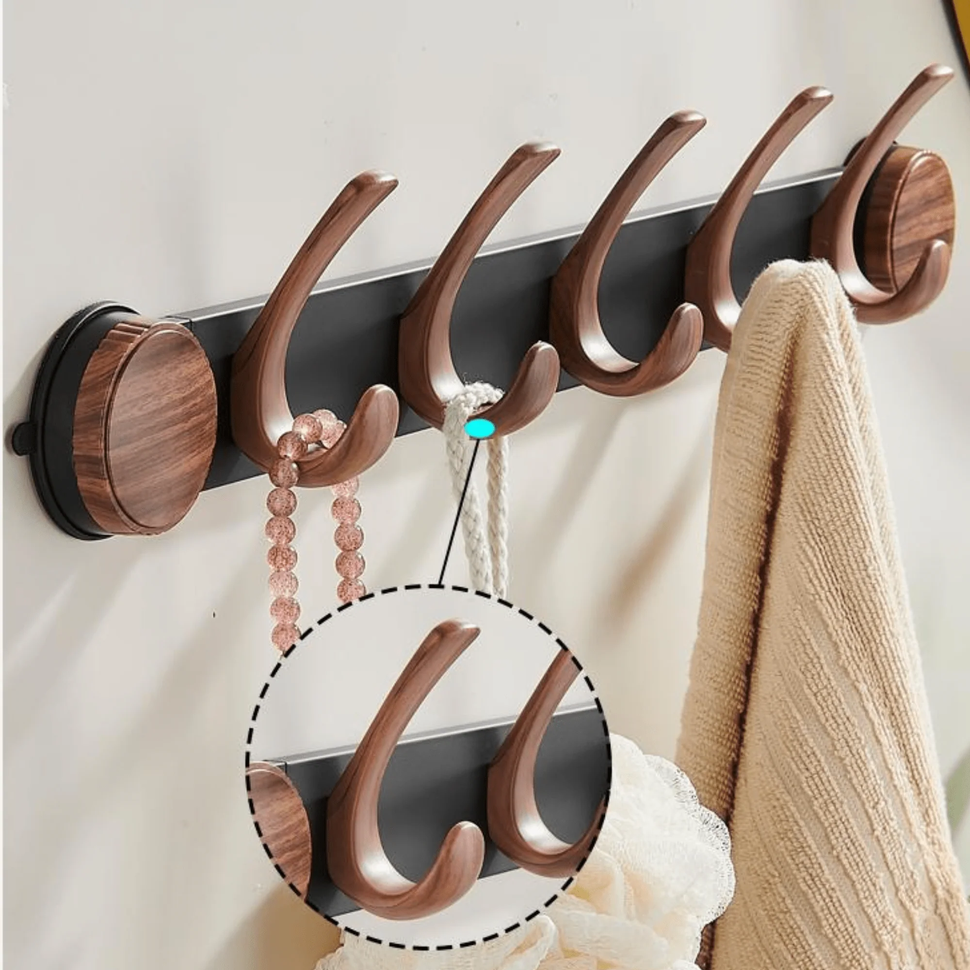 Wall-Mounted 5-Hook Rack with Vacuum Suction and Wood Finish - Image 6