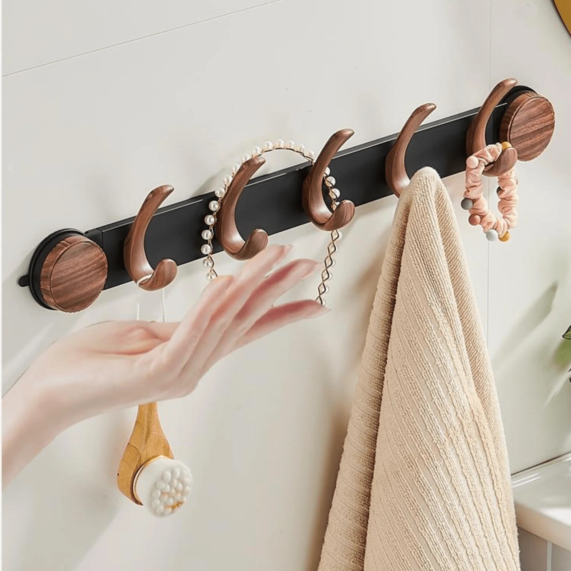 Wall-Mounted 5-Hook Rack with Vacuum Suction and Wood Finish - Image 7