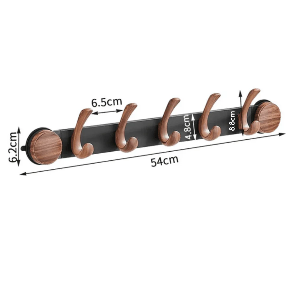 Wall-Mounted 5-Hook Rack with Vacuum Suction and Wood Finish - Image 8