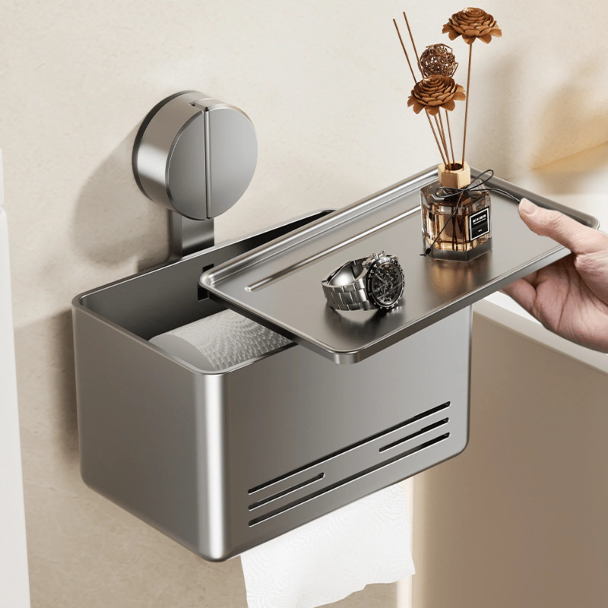 Wall-Mounted Suction Cup Toilet Tissue Box with Storage Shelf - Image 2