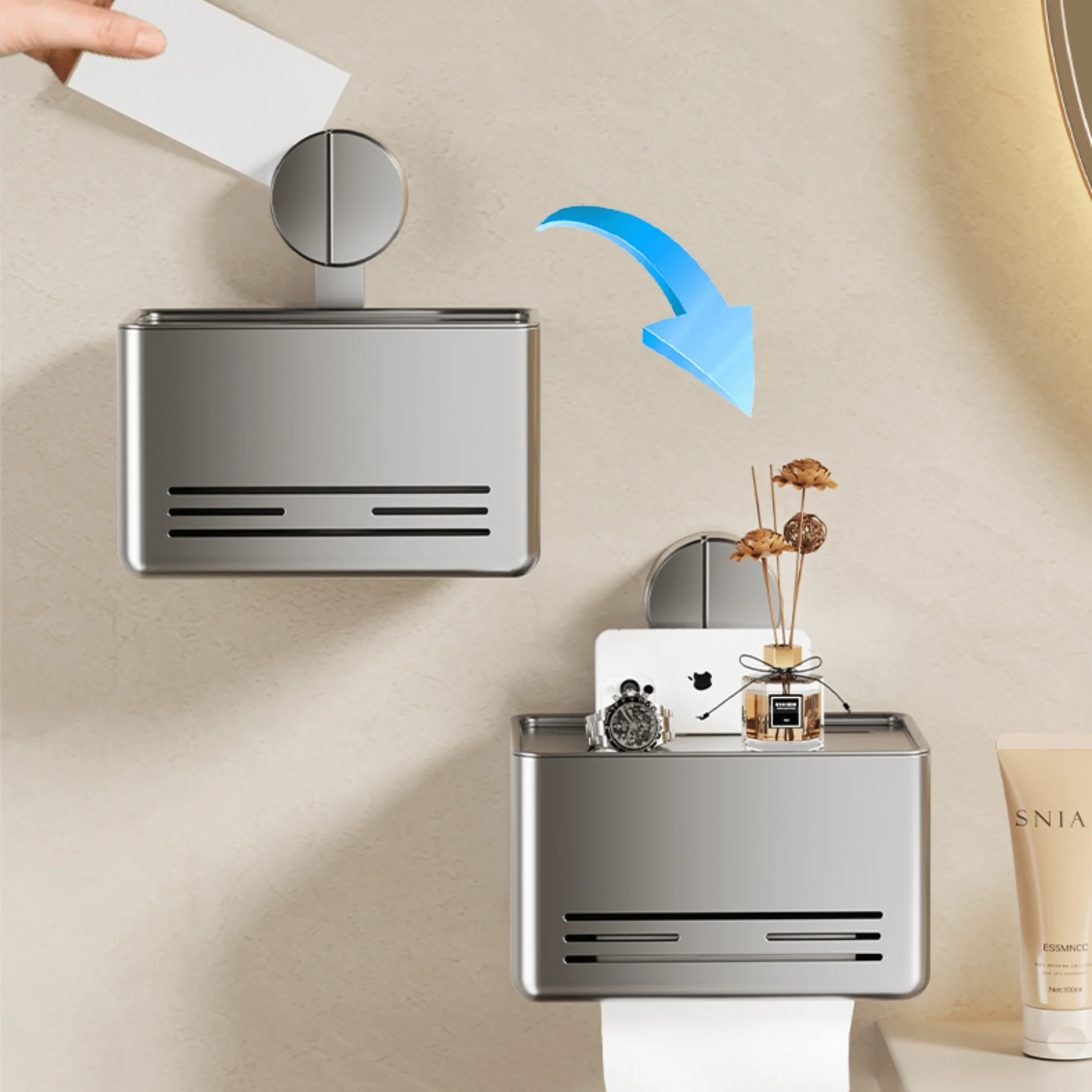 Wall-Mounted Suction Cup Toilet Tissue Box with Storage Shelf - Image 3