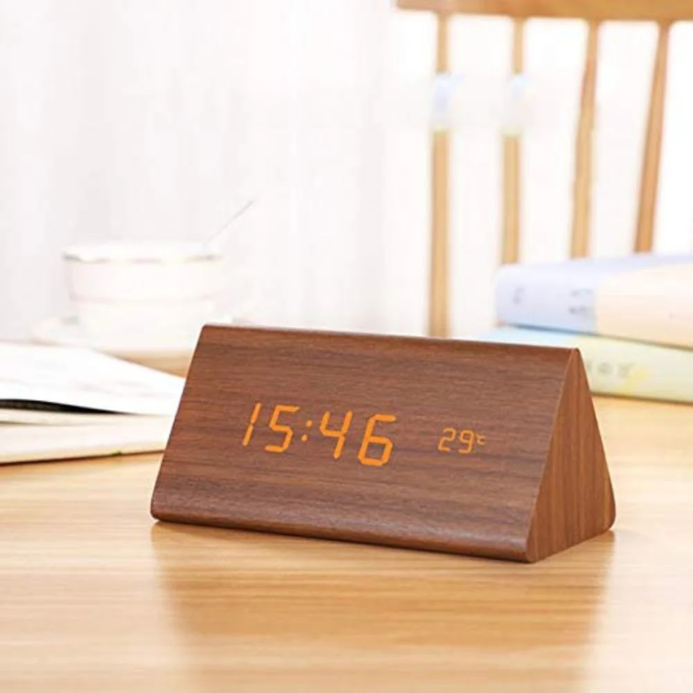 Wooden LED Alarm Clock with Temperature Display - Image 2
